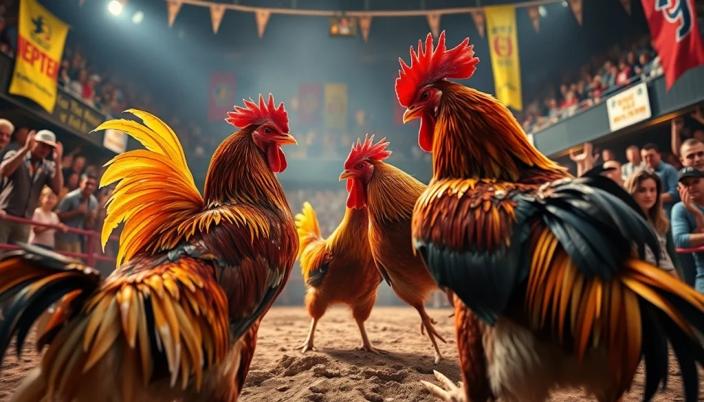 Watch thrilling rooster fights at 69vn.rodeo in a vibrant arena filled with spectators.